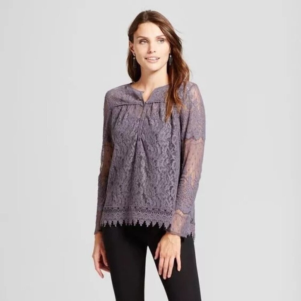 Knox Rose Medium Sheer Lace Fairy Top Crochet Long Sleeve Gray Boho